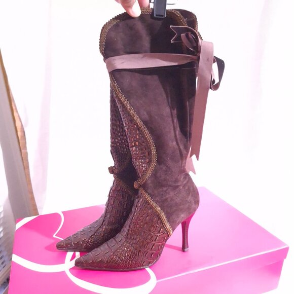 Promiscuous Brown Leather Spike Knee High Boot w/Bow Women Size 6 M - Picture 1 of 5